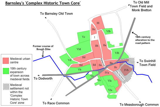 Figure 1: Map showing the assumed layout of medieval Barnsley. See 'Plan Form Analysis' for explanation of numbering
