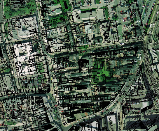 Figure 2: Part of the historic core of Barnsley showing the long narrow plots surviving in the current townscape.