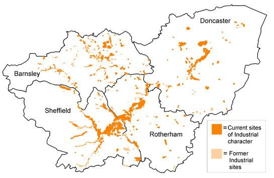 Figure 2: Distribution of current and former Industrial sites across South Yorkshire according to the HEC project