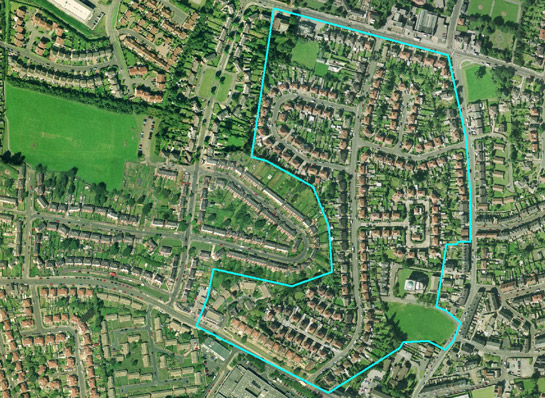 Figure 1: Part of the ‘Early 20th Century Private Suburbs’ zone at Wilthorpe in north west Barnsley, outlined in blue, surrounded by stylistically similar geometric municipal estates