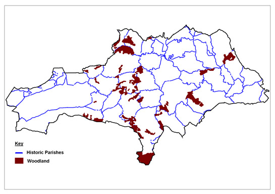 Map of Barnsley district showing areas of surviving woodland within the ‘Assarted Enclosure’ zone and their relationship with early 19th century parish boundaries.