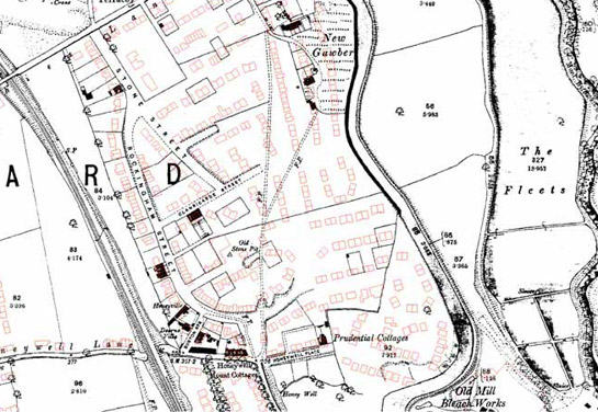 Figure 6: Honeywell estate, Barnsley. The streets associated with the Honeywell Mount Freehold Land Society are under development by this time but few houses have been built within the plots. The red outlines show the eventual modern development of a council estate on the site in the mid 20th century