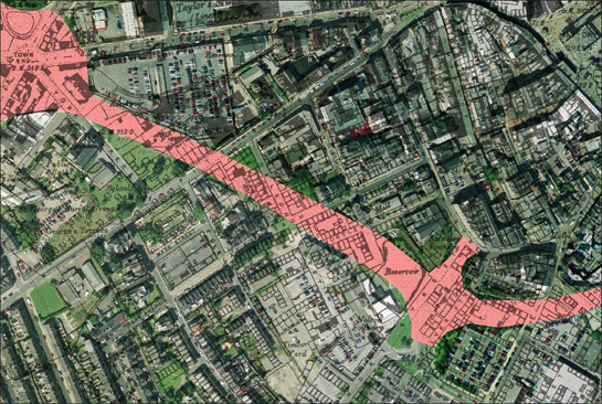 Figure 1: Historic street pattern, shown on 1893 OS maps, cut through by the West Way dual carriageway (coloured in pink).