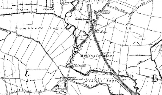 Dearne Valley ‘Ings’ south of Darfield, showing highly regular enclosures, as marked on first edition (1854) OS maps