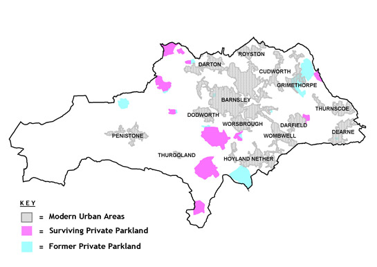Figure 1: Map of the Barnsley district showing areas of current and former Private Parkland