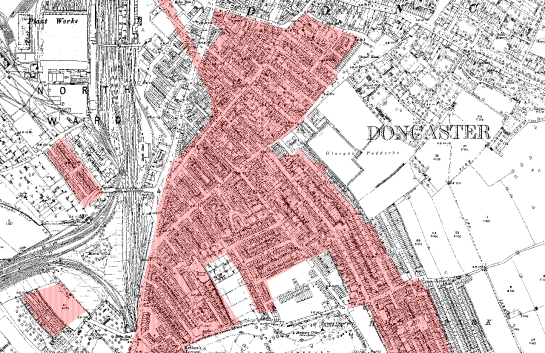   Figure 1: 1891 OS Map extract showing Doncaster’s earliest area of grid iron terraced housing (shaded).