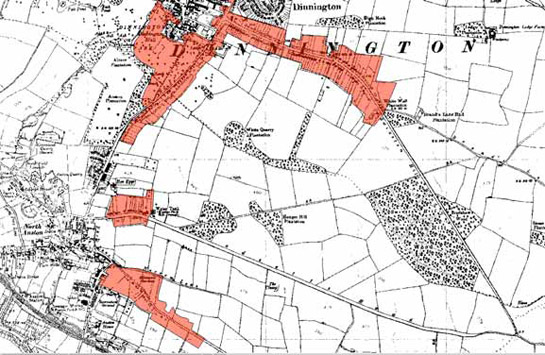 Figure 2: The ‘Anston and Dinnington Ribbon Developments’ character area (red shading), as depicted by the OS in 1938.