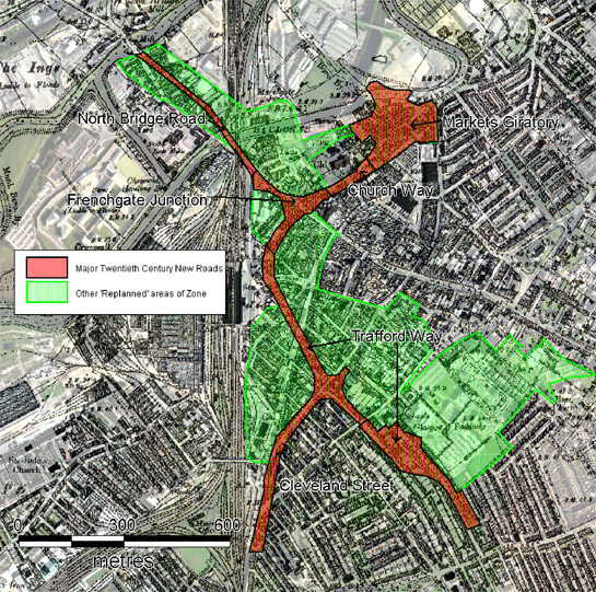 Figure 2: Major 20th century roads have overwriten earlier historic patterns within the Replanned Urban Centre character zone.