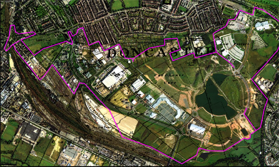 Figure 1: The ‘White Rose and Lakeside’ character area. Legibility of the former landscape (the 1938 6 inch to the mile OS is overlain in black) has been completely erased by mid 20th century tipping and by ongoing construction of the commercial landscape of Lakeside and Doncaster Dome