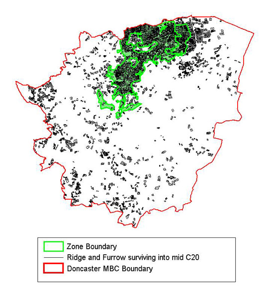 Figure 2: A significant proportion of the ‘ridge and furrow’ earthworks surviving into modern times in Doncaster were within this zone.