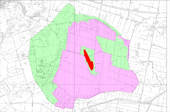 Figure 6: The extent of Hatfield Moor as enclosed in 1825: areas successfully improved by ‘dry warping’ up to 1891 in green; areas marked as rough ground in 1891 in purple; and Lindholme Island in red.