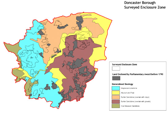 Figure 3: The distribution of land in the Surveyed Enclosure zone enclosed before and after 1790, in relation to underlying geology