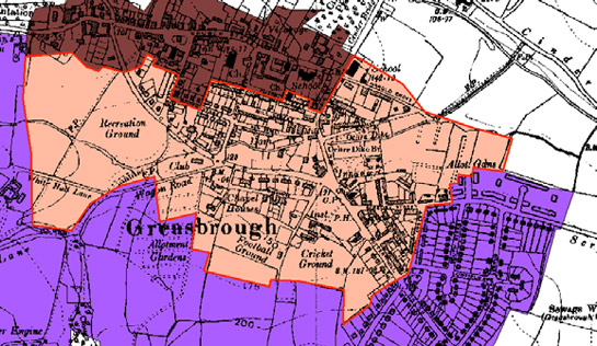 Figure 4: Greaseborough Industrial Settlement’ (pink) grew up to the south of the historic settlement core (brown) around early squatter settlement on a former green. It is noticeably more irregular and varied in plan form than either the historic core or the municipal estates to the south (purple)