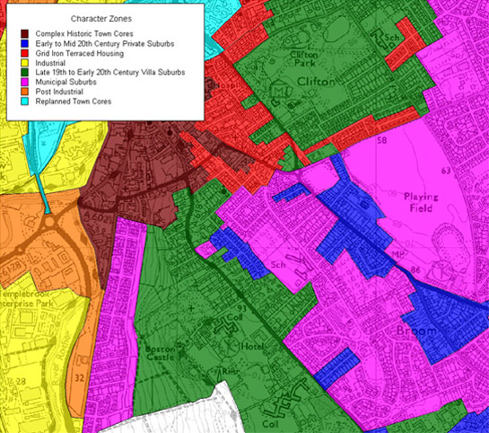 Figure 2: The villa suburb zone (green) grew close to the historic core of the town, as developed by 1850, (brown) but away from the industrial areas to its west and north (yellow).  Later suburban development has since enveloped these areas (pink & blue)