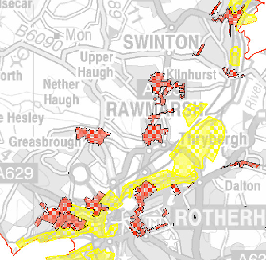 Figure 2: The location of the ‘Industrial’ zone (yellow) is closely related to the distribution of the ‘Grid Iron Terraced’ and ‘Industrial Settlements’ zones (both shown in red)