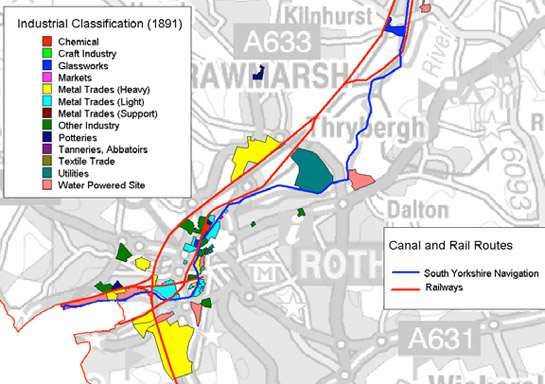 Figure 3: HEC Broad Types of industrial character in 1891, shown in relation to contemporary rail and canal systems