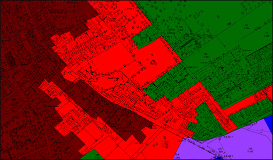 Figure 3: The ‘Clifton Terraces’ character area (red) in 1891 surrounded by historic core (brown) and 19th century villa suburbs (green). The area was later infilled with grid iron terraced developments.