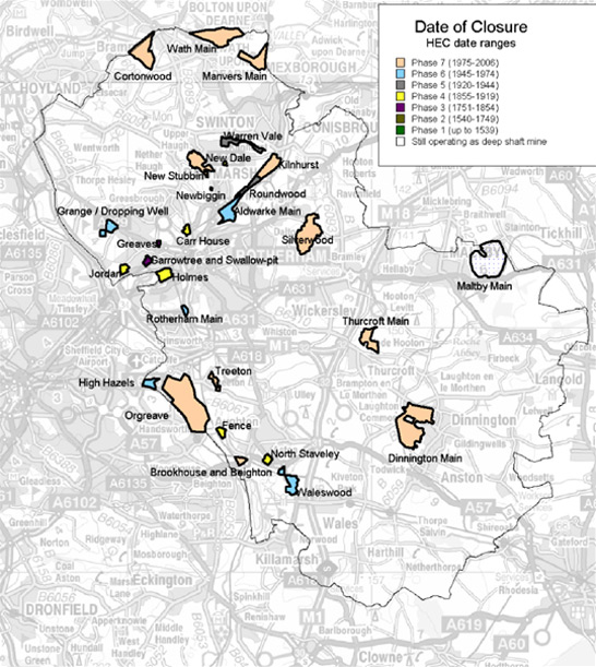 Figure 2: The dates of closure of Rotherham shaft mined colliery sites large enough to register as HEC character units