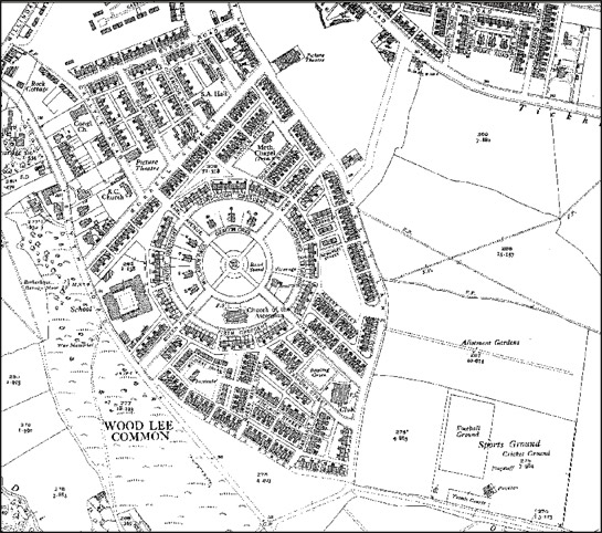 Figure 3:  The plan of ‘Model Village, Maltby’, built in 1910, shows most of the characteristic features of this zone, including radial street plans, generous private and communal open spaces, miners welfare recreational facilities, churches for a variety of denominations and an area marked by larger houses for middle and senior pit management.