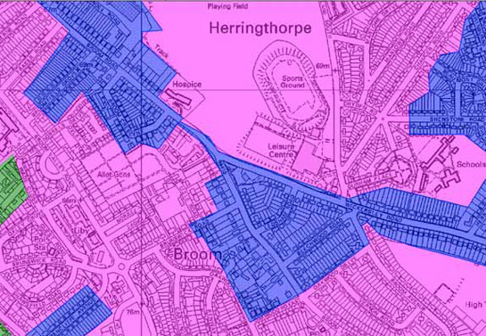 Figure 2:  Housing patterns in this zone (blue) are similar in plan form to those in the contemporary municipal housing areas that often surround them (pink, but closer examination shows a lower density of development with greater frequency of detached housing and a concentration of development around main arterial roads.