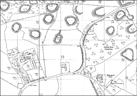Figure 3: These extracts of 1:2500 OS mapping were published in 1965 and 1970 and show the rapid landscape change around the time of construction of the M1 motorway. All traces of spoil heaps in this area have been ploughed flat; some fields have been truncated and rationalised; Jumble Hole plantation has largely been felled