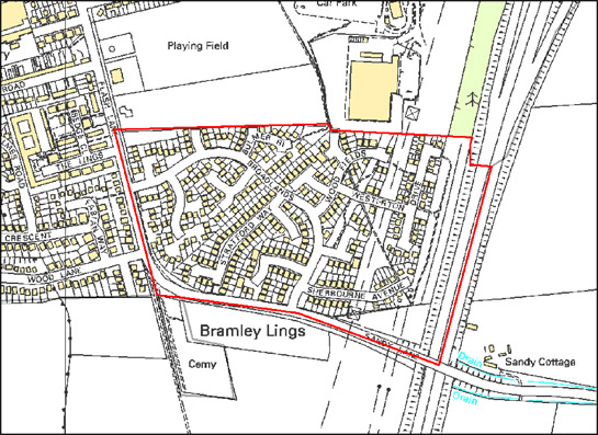Figure 2: This 18 hectare cul-de-sac development in Bramley shows how the pattern reduces through traffic most houses, the majority of which are situated on the roads that branch off the main arterial road of Broadlands