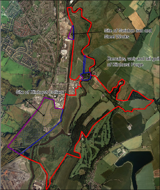 Figure 2: Relict industrial features in the ‘Kilnhurst Meadows’ character area. Note the straight channel of the South Yorkshire Navigation, dug in the late 18th century, running to the west of the character area north of the colliery site