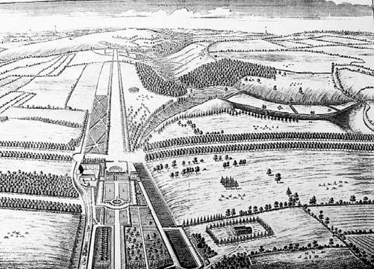 Figure 1: Ravenfield Park in the 1720s, as drawn by Thomas Badeslade for Campbells ‘Vitruvius Brittanicus’.  This image shows a clear example of the formal geometric style that dominated 16th and early 17th century parkland designs