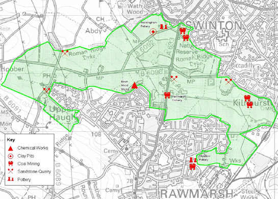 Figure 3: ‘Swinton and Rawmarsh Commons’ character area, showing the sites of industrial activity depicted on the 1854 OS map