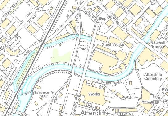  Figure 2: Attercliffe Steel Works, showing the open head goit for the former water-powered wheel (to the left of Stevenson Road) and the site of the former dam – an open courtyard surrounded by buildings 