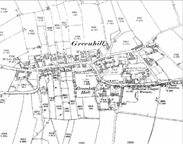 Greenhill Village in the 1890s.  The village is typical of small nucleated villages in the area displaying a simple planned layout based on narrow crofts perpendicular to a main street at the heart of an open field system. 