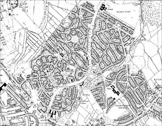 Figure 1: Manor and Woodthorpe Estates as depicted by the Ordnance Survey in 1938.  The radial plans of these estates were influenced both by the Garden City movement and also by the model settlements developed by colliery companies in the region in the early 20th century.