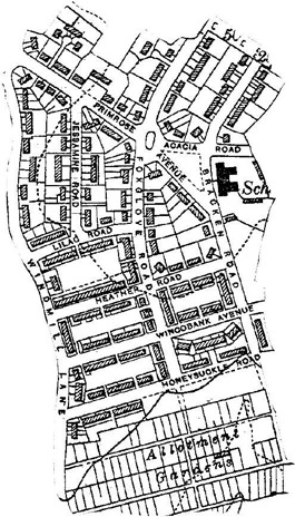 Figure 2: The Flower Estate illustrates the evolution of Sheffield’s Cottage Estates in the early 20th century.  Houfton’s cottages (making use of central greens) are in the south, whilst the slightly later ‘Exhibition’ houses, arranged on gently curving principles, are in the north.  