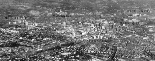 Figure 2: The city architect’s vision for the central ‘slum clearance’ housing sites was of a ring of high rise developments placed on high points around the city centre in order to build up “hill top compositions… producing something of the fascination of the Italian Hill Towns” (H. Lambert cited in Sheffield Corporation 1962)