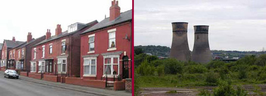 Left: Terraced housing, Darnall; Right: Cooling towers, former Blackburn Meadow power station
